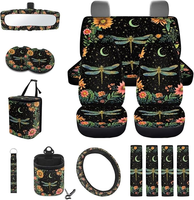 Flower Dragonfly Moon Print Car Seat Cover Set 15 PCS, with Steering Wheel Cover Seat Belt Pad Garbage Bag Air Vent Pocket Rearview Mirror Cover for SUV Trucks Vans Sedans