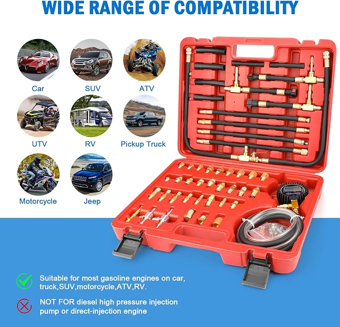 BETOOLL Digital Pro Fuel Injection Pressure Tester Kit Gauge 0-300 PSI with 9.49,7.89,6.30 Fuel Line Fittings