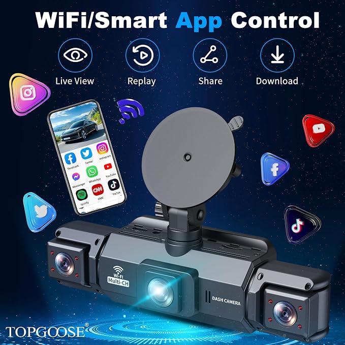 360° Dash Cam 4 Channel 5G WiFi & APP Control, Free 64GB Card, TOPGOOSE 2K FHD Front and Rear Inside, Left Right Dash Camera for Cars, G-Sensor, Loop Recording, 24H Parking Mode