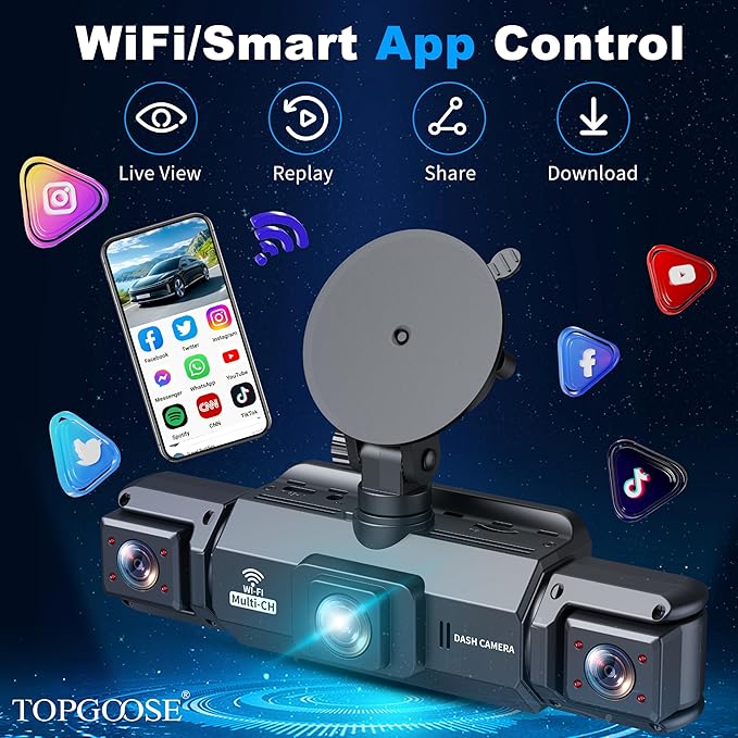 4 Channel Dash Cam 360° View, TOPGOOSE 2K FHD Front and Rear Inside, Left Right Dash Camera for Cars, 5G WiFi & APP Control, with 64GB SD Card, G-Sensor, 8 IR Lamps Night Vision (3.17 inches)