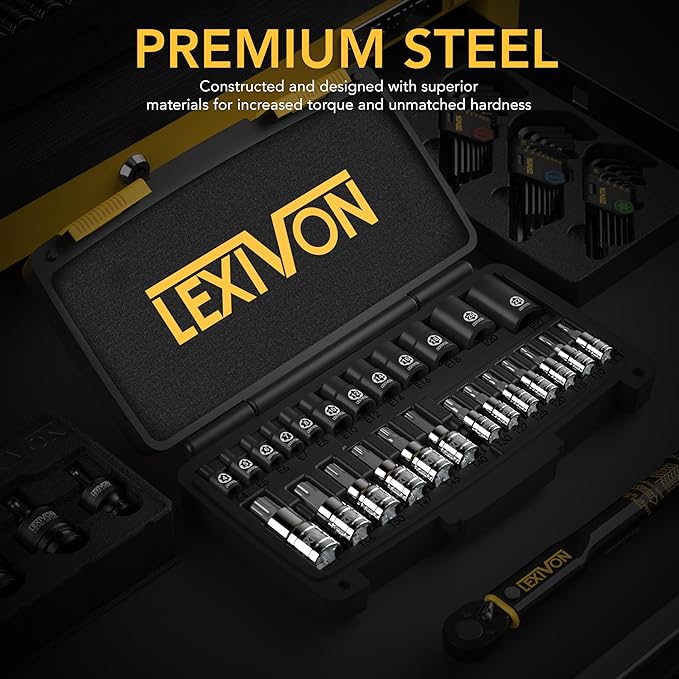 LEXIVON Premium Master HEX Bit Socket Set, Complete 32-Piece, SAE and Metric Set + Premium Master Torx Bit and Socket Set, 25-Piece, Bit Socket T8-T60 & E-Torx E4-E22