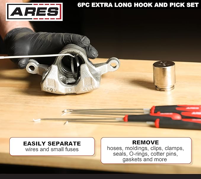 ARES 10035 – Extra Long Precision Hook and Pick Set - 6-Piece Set Includes Angled, Straight, and Full Hooks and Picks - Hardened Steel Shafts - Easily Remove Hoses, O-Rings, and Gaskets
