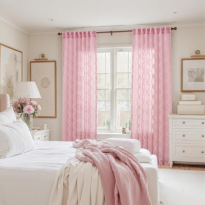 Extra Long Pink Sheer Curtains 120 Inches for Nursery Girls Bedroom 2 Panels Light Filtering Semi-Sheer Curtain for Kids Protect Privacy Home Decor Rod Pocket Geometric Pattern Pom Pom Drapes 52x120