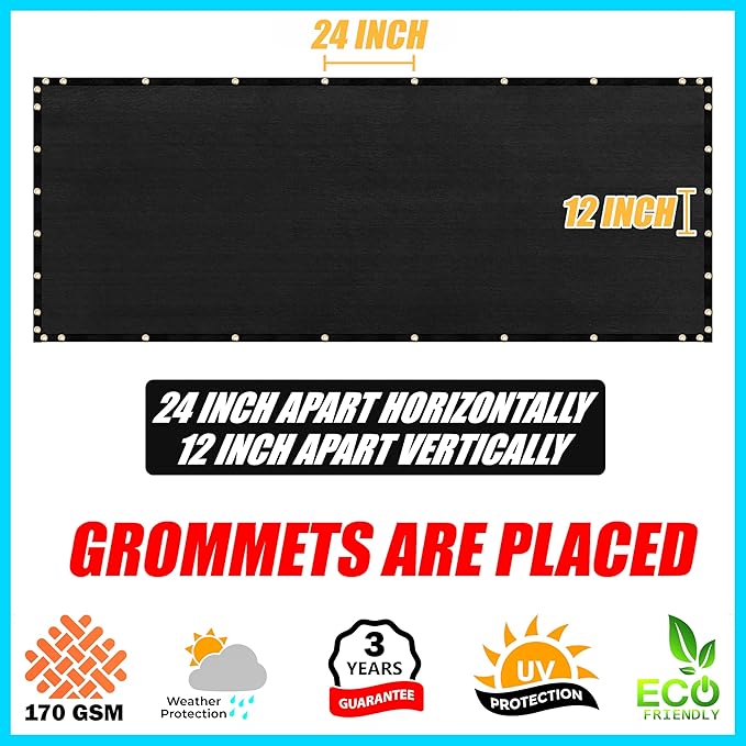 ShadeMart 8' x 67' Fence Privacy Screen Black Heavy Duty 170 GSM Fencing Mesh Shade Net with Grommets & Zip Ties, 90% Blockage Fence Screen for Balcony Yard Outdoor Garden Pool (We Customize Size)