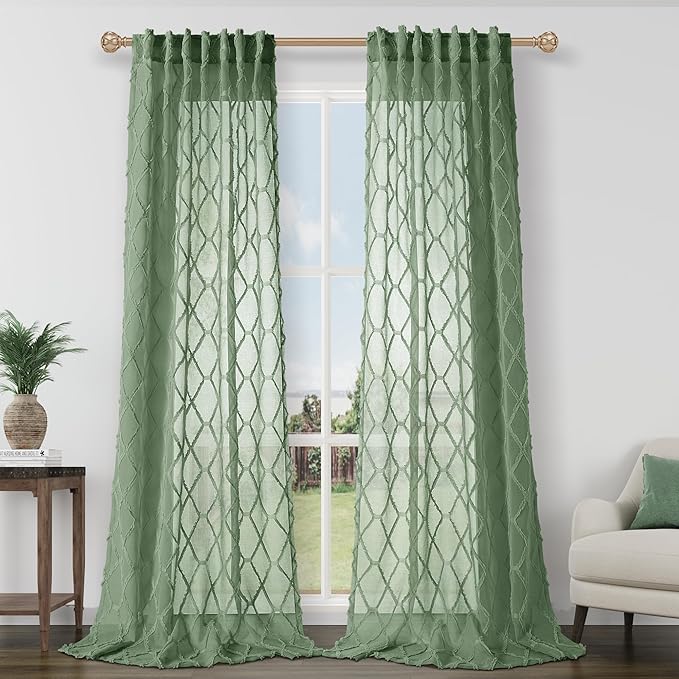 Hokibero Olive Green Sheer Curtains 90 Inch Length for Living Room with Geometric Tufted for Bedroom Nursery Windows Country Rustic Farmhouse Semi Sheer Curtain Light Green Back Tab 2 Panels 52x90