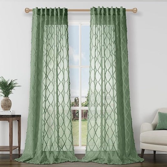 Hokibero Olive Green Sheer Curtains 90 Inch Length for Living Room with Geometric Tufted for Bedroom Nursery Windows Country Rustic Farmhouse Semi Sheer Curtain Light Green Back Tab 2 Panels 52x90