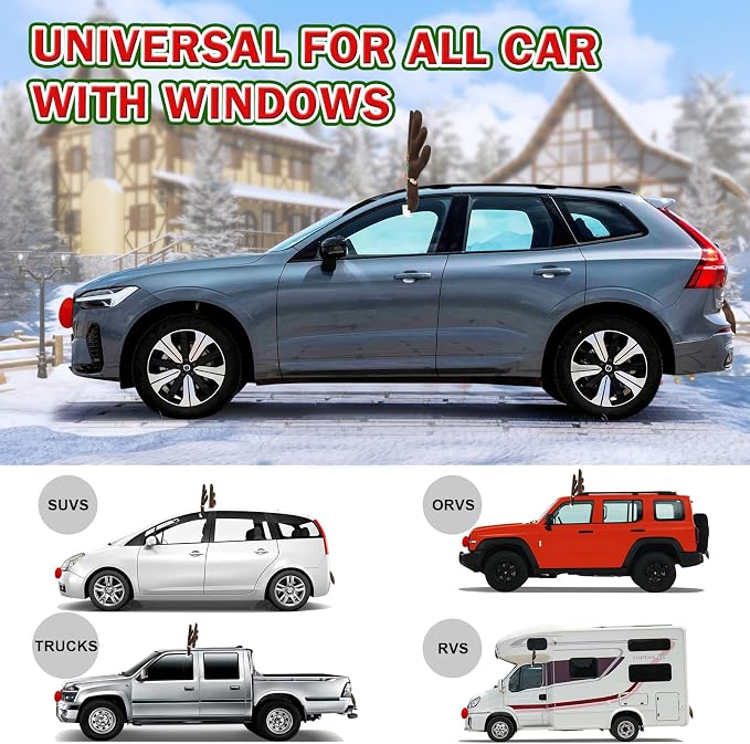 Car Reindeer Antlers & Nose Decorations - Premium Xmas Rudolph Antlers Kit with Red Nose, Tail, and Ears - Cute Auto Holiday Accessories for SUV, Van, Truck Roof Top Christmas Decorations
