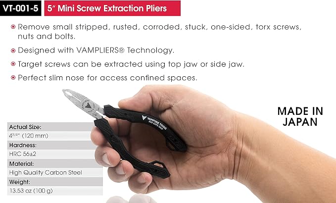 VAMPLIERS 3-PC Screw Extractor Pliers Set. Made in Japan: 8" Linesman, 7" Multipurpose & 5" ESD Safe Mini Pliers. Stripped Screw Removal Tools with Unique Non-Slip Jaws.