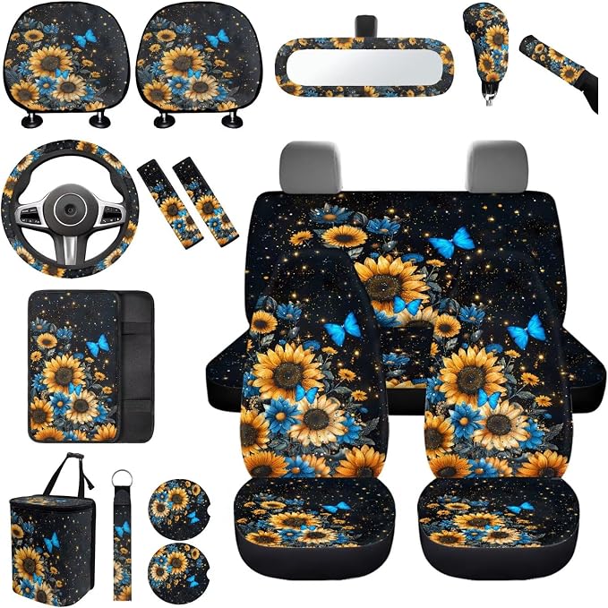 17 Pieces Butterfly Car Seat Covers Full Sets with Sunflower Universal Car Aaccessories,Butterflies Car Interior Set with Vehicle Trash Bag,Steering Wherl Cover,Seat Belt Shoulder Pad