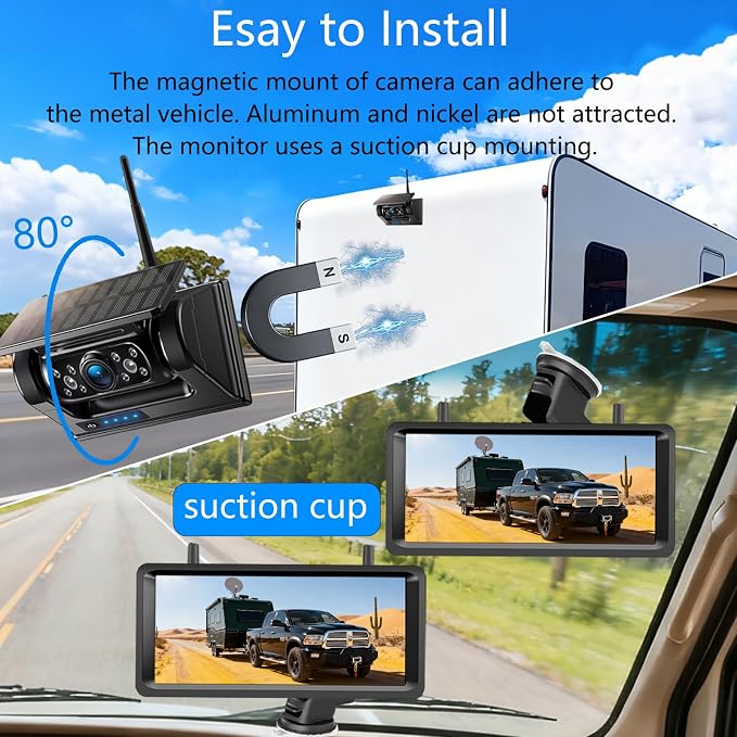 Wireless Backup Camera Magnetic Solar with 7.2" 2-Split Portable Monitor 1-Min Easy Install No Wiring/Drilling Rechargeable No Delay for Car RV Bus Pickup Truck Trailer Camper 5th Wheels Hitch Towing