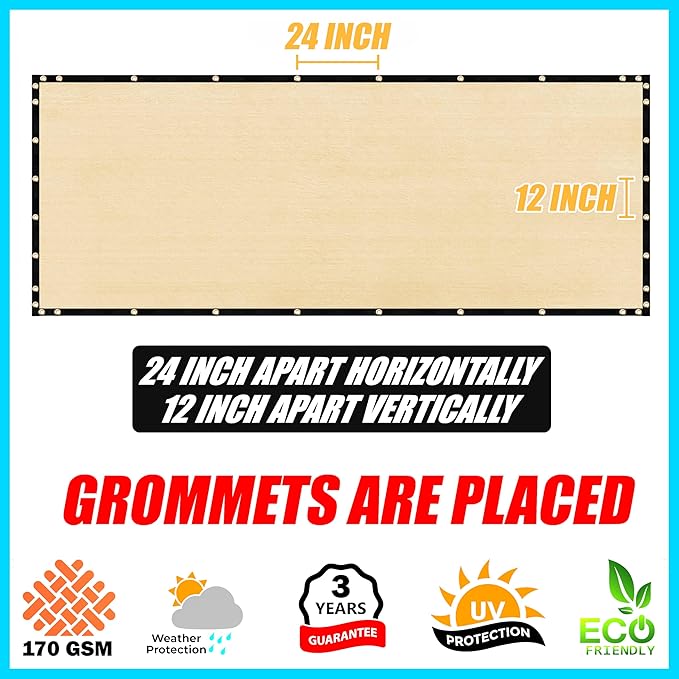 ShadeMart 8' x 165' Fence Privacy Screen Beige Heavy Duty 170 GSM Fencing Mesh Shade Net with Grommets & Zip Ties, 90% Blockage Fence Screen for Balcony Yard Outdoor Garden Pool (We Customize Size)