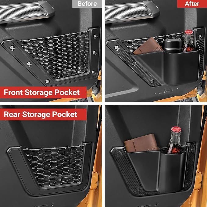 4PCS Front Rear Door Storage Pockets Compatible with 2021-2025 2026 Ford Bronco 4 Door Accessories Side Door Organizer Box Cup Holder (Not Sport)