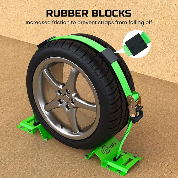 Trekassy Wheel Chock Tie-Down Kit with Rubber Blocks, (4,500lb Break Strength) Heavy Duty E Track Trailer Tire Straps for ATV, UTV, Lawn Mower- 4 Pack