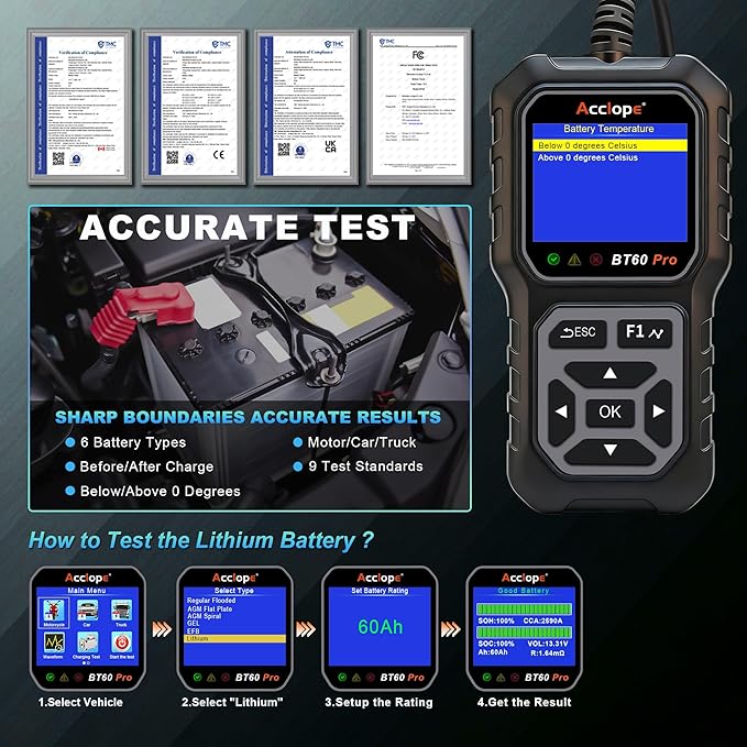 BT60 PRO Car Battery Tester 6V/12V/24V, 2–120Ah, 100–3000 CCA, AGM/Gel/Lithium, Alternator & Starter/Charging System Analyzer, QR Cloud Report (No App), Digital Checker