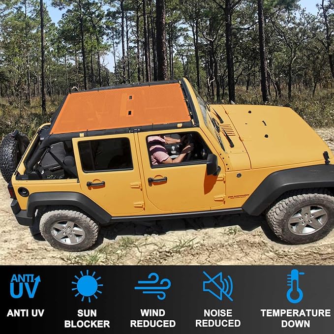 JK Sun Shade Top Compatible with Jeep Wrangler 4 Door 2007 to 2018 Sunshade Sunroof Bikini Cover Blocks UV Wind Noise Orange Mesh for Full Length