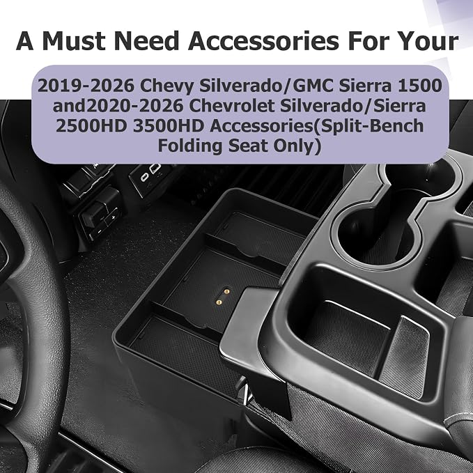 LUWU Center Console Hanging Organizer Box Compatible with 2019-2025 2026 Chevy Silverado/GMC Sierra 1500 & 2020-2026 Silverado/Sierra 2500HD 3500HD Accessories (Split-Bench Folding Seat Only)