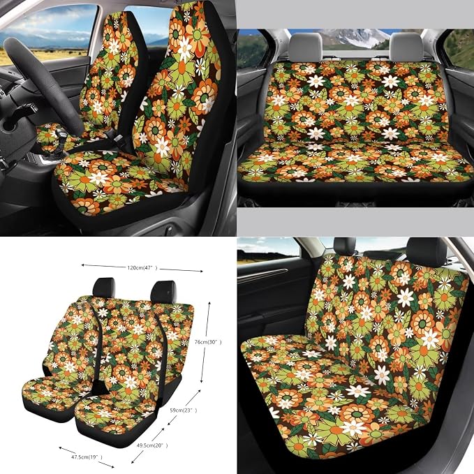 Hippie Daisy Pattern 15 Pieces Car Seat Cover Steering Wheel Cover, Seat Belt Covers Car Trash Can Cup Holders Keychain Air Vent Bag for Truck Vans Sedans