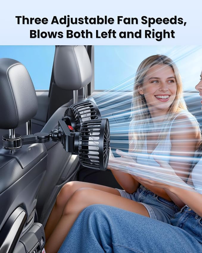 Dual-Head Rear Seat Car Fan, Powerful Airflow, 360° Rotation, Blows Both Left & Right, Adjustable Angle, Perfect for Pets, Front & Back Seats, USB & 12V/24V Powered