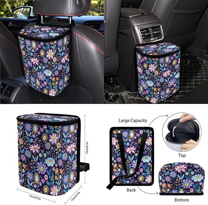 Boho Floral Print Car Seat Cover Sets Car Steering Wheel Cover Seat Belt Cover Trash Bin Air Vent Storage Box Front Rear View Mirror Car Cup Holder Keychain 15Pcs Car Accessories
