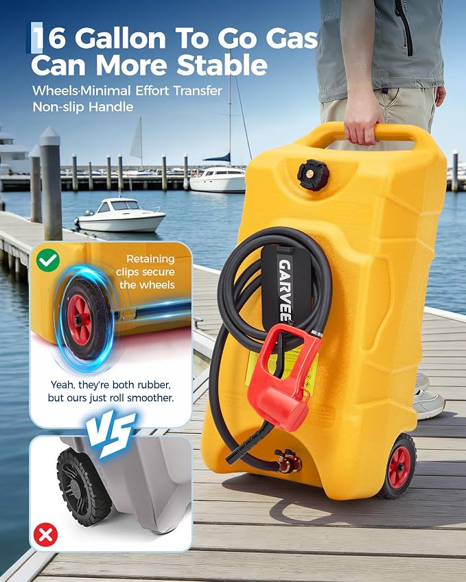 Garvee 16 Gallon Gas Can, Fuel Tank Container with LE Fluid Transfer Manual 10 FT Siphon Pump, Portable Diesel Gas Storage Caddy w/Wheels for Car, ATV, Weeder, Boat, Tractor,Snow Blower,Generator