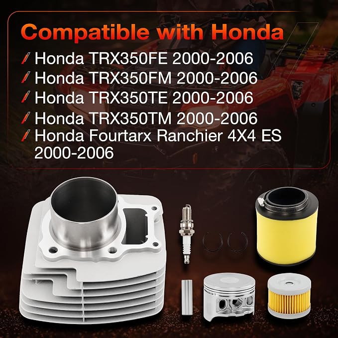 78.5mm Top End Rebuild Kit Fits Honda Rancher 350 TRX350 FE FM TE TM 2000-2006, Cylinder, Piston, Rings, Gaskets & Spark Plug, Replaces 12100-HN5-670 13101-HN5-670
