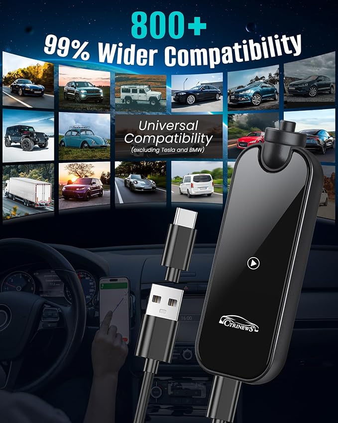 Wireless Carplay Adapter for Apple iPhone iOS 10+ & Cars from 2016+, Upgraded Model adds Emergency Escape Window Breaker Function, Auto-Connect Stable Control & No Latency (M9)