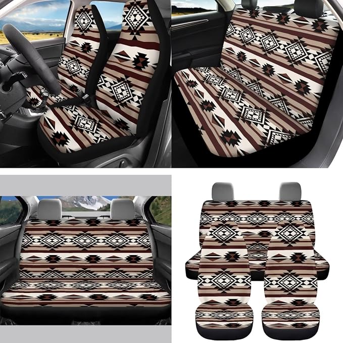 Southwest Aztec Native Tribal Car Seat Covers Set of 15 with Universal Steering Wheel Cover, Rearview Mirror Cover, Car Trash Can, Seatbelt Pads, Cup Holder Coasters, Keychains