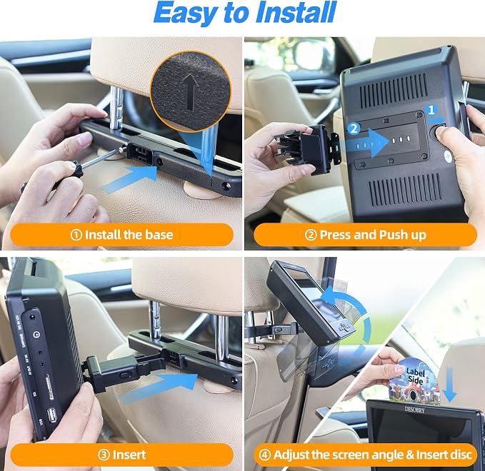 DESOBRY 10.5" Car DVD Player with Headrest Mount, Portable DVD Player for Car with Headphone, Suction-Type Disc in,Support 1080P Video,HDMI Input,USB/SD Card Reader,AV in/Out,Last Memory&Region Free