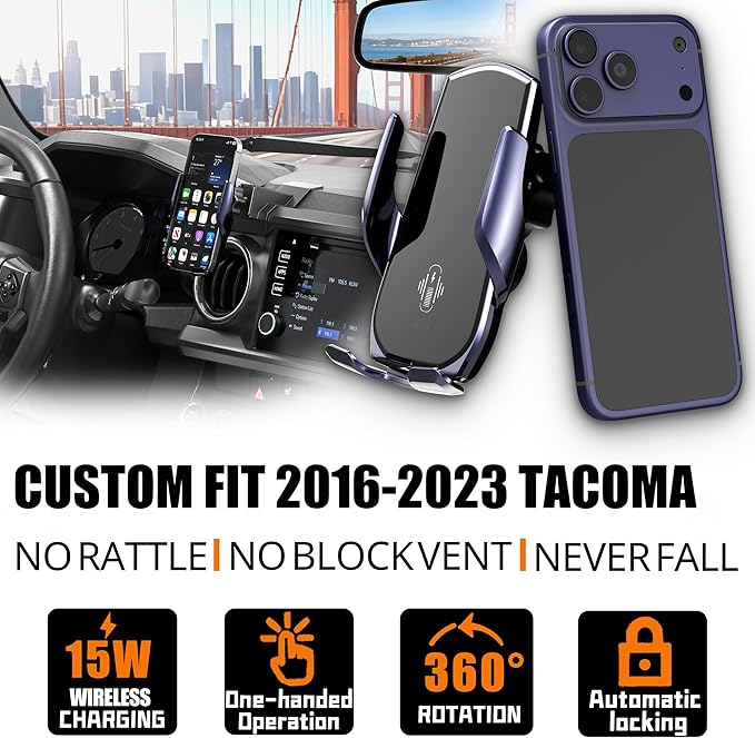 Car Phone Mount for Toyota Tacoma 2016–2023, Smart Auto-Clamping on Custom Dashboard Base, 15W Wireless Fast Charging, 360° Adjustable, Without Blocking Airflow, Toyota Tacoma Essential Accessories