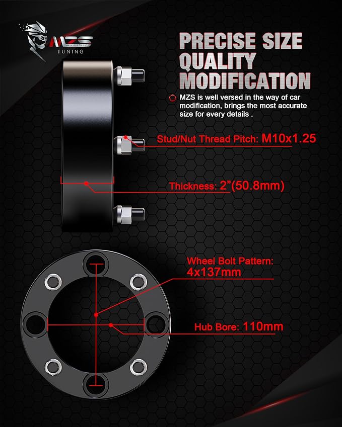 MZS 4x137 Wheel Spacers, 2" for Defender - M10×1.25 Studs 110mm Center Bore Compatible with HD5 / HD8 / HD10 4WD 4/137 4 Lug Tire - 4 Pack