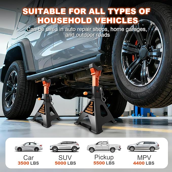 3 Ton (6,600 LBs) Jack Stands with Crossbars,Double Pin Locking,Rubber Cover,Large Foot Base,12"-16" Adjustable Height,Heavy Duty Car Jack Stands,Lifting SUV,MPV,Pickup Truck,ATV/UTV,2 Pack