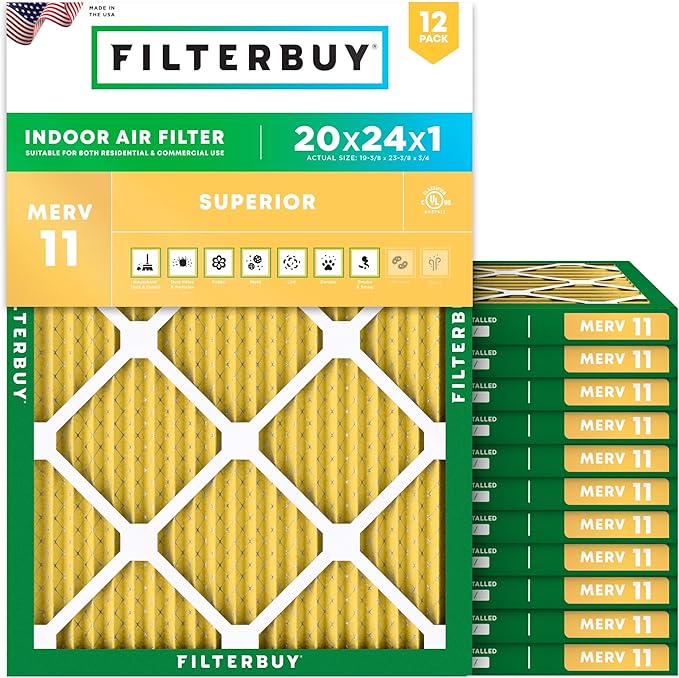 Filterbuy 20x24x1 Air Filter MERV 11 Superior Pet & Allergy Defense (12-Pack), Electrostatic Pleated HVAC AC Furnace Filters Replacement (Actual Size: 19.38 x 23.38 x 0.75)