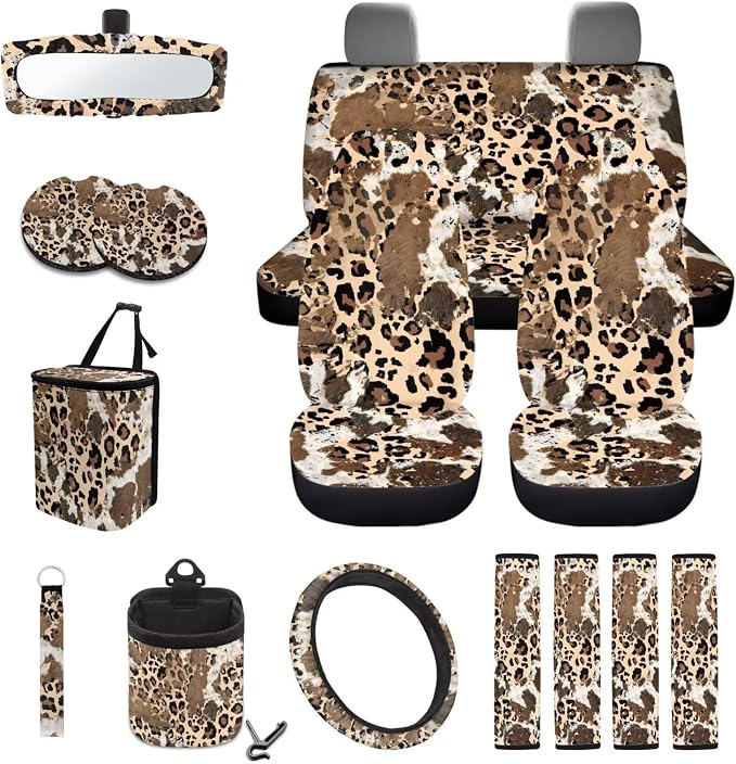 Brown Cow Leopard Pattern Car Seat Covers Full Set Steering Wheel Cover Trash Can Air Vent Storage Bag Seatbelt Covers Rearview Mirror Cover Cup Coasters 15pcs Car Interior