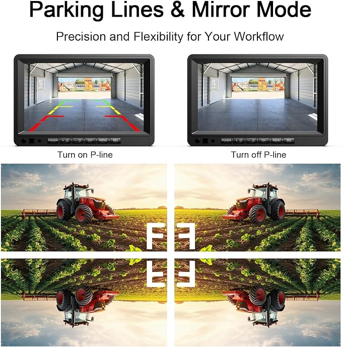 Fookoo 7" AHD 1080P Wired Backup Camera System Vibration-Proof for Tractor | Dual Split Screen Loop Recording IP69 Waterproof IR Night Vision Parking Lines for Excavator/Harvester/Agricultural Equipment