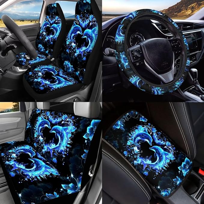 BIGCARJOB 15 Pack Neon Dolphin Car Seat Cover Full Set Auto Seat Headrest Cover Universal Steering Wheel Cover Car Trash Can Hanging Automotive Interior Sets for Women Gifts