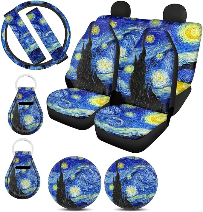 Suobstales Starry Night Print Car Seat Covers Full Set for Women Girly Seat Cover Protector Auto Decorative with Steering Wheel Cover +Seat Belt Covers +Coasters +Keychains