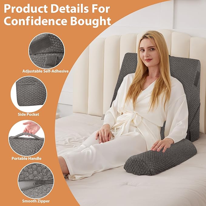 BIEEZZK 4PCS Wedge Pillow Set for After Surgery, Back Pillow for Bed Sitting up, 9&12inch Adjustable Memory Foam Bed Wedges, Pillow Wedge for Acid Reflux, Back Pain Relief, Snoring, Dark Grey