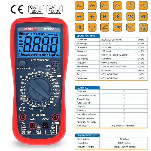 Automotive Multimeter, True RMS CAT III 600V, AC/DC Voltage/Current Tester, Temp/Freq/Ohm/Duty Cycle, 4-8 Cylinder Dwell Angle Test, Capacitance & HVAC/Industrial Tools with Engine RPM Measurement.
