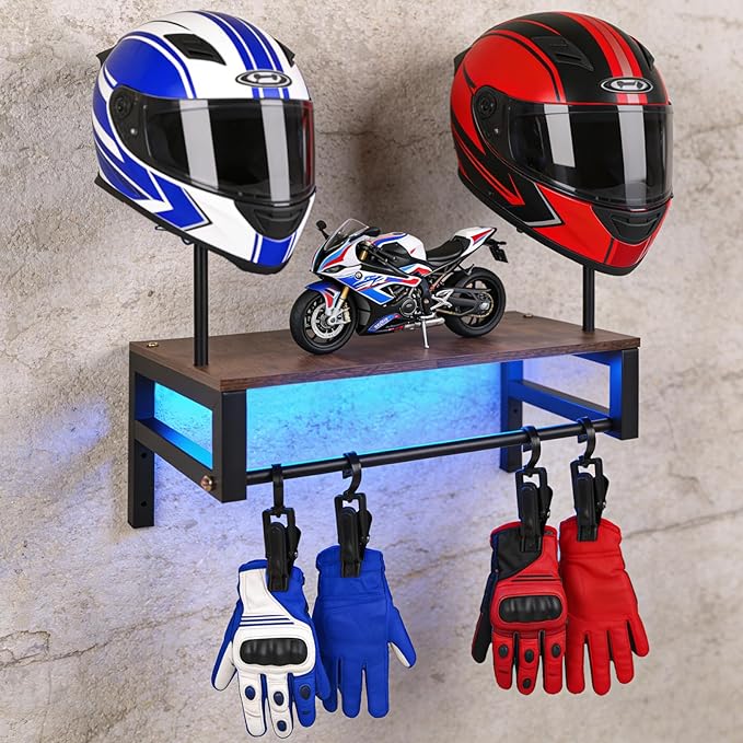 Helmet Rack Wall Mount, Motorcycle Helmet Holder Plate Rack Display Organizer with 4 Glove Clips, Helmet Rack with RGB Lights Strip