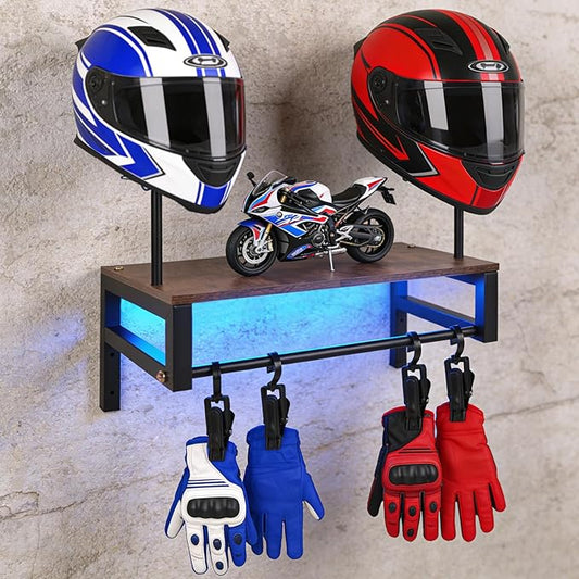 Helmet Rack Wall Mount, Motorcycle Helmet Holder Plate Rack Display Organizer with 4 Glove Clips, Helmet Rack with RGB Lights Strip