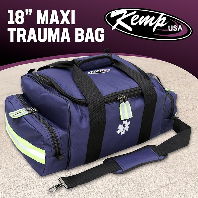 Kemp USA Maxi Trauma Bag Navy Blue Large EMT First Responder Medical Supply Storage Water Resistant 600D Nylon First Aid Survival Gear Organizer with Reflective Trim Adjustable Strap