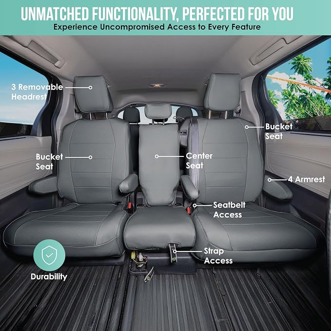 FH Group Custom Fit Car Seat Covers Specifically Made for 2021-2024 Toyota Sienna 7 Seater, Faux Leather Automotive Seat Covers - 2nd Row Solid Gray
