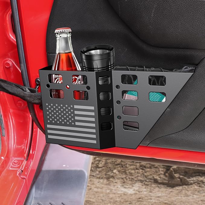 DIAMOOKY Metal Front Door Pocket Storage Box for Jeep Wrangler JK JKU 2018 2017 2016 2015 2014 2013-2007 2/4 Door Accessories, Door Organizer Molle Panels, Flag, 2PCS