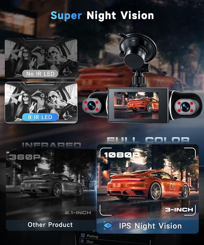 4 Channel 360 Dash Cam Front Rear Inside Left Right 3 Inch 2K Car Dash Camera with WiFi Night Vision Motion Detection 24H Parking Mode Loop Recording Reverse Monitor Without 64G TF Card