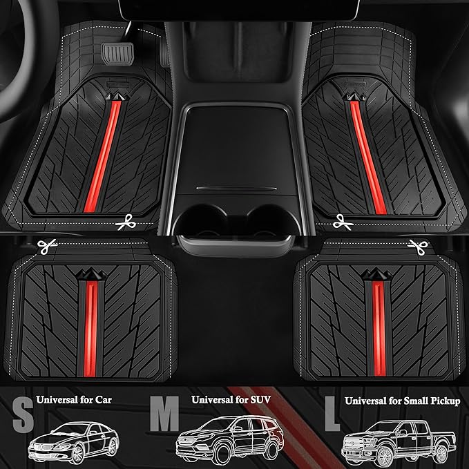 CAR PASS Metal Medium Rubber Floor Mats for Car Heavy Duty Car Mats All Weather, Universal Trim to Fit for Truck SUV Vehicle Automotive Floor Mats, Waterproof Car Mats 4 Piece Black and Red