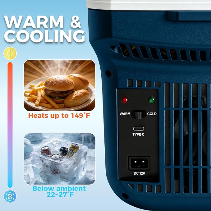Iceblue Electric Cooler with Type-C, 8 Liter /11 Cans Mini Fridge with Belt, 9V Type-C Thermoelectric Dual-use Car Refrigerator, Car Fridge for Car, Dorm, Travel, Picnic, Gift (Blue)