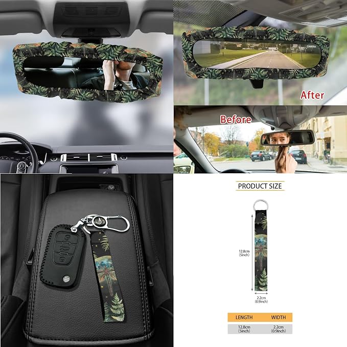 Moon Dragonfly Leaf Print Car Accessories Set Car Seat Covers Steering Wheel Cover Seatbelt Strap Pad Trash Cans Air Vent Storage Bag Coasters Rearview Mirror Cover Keychain 15 Pack
