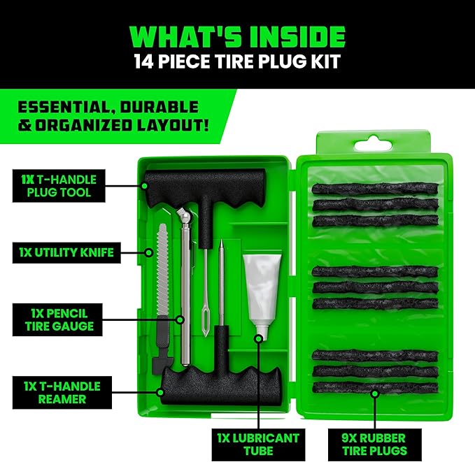 Rhino USA Compact Tire Repair Kit (14-Piece) – Heavy Duty Plug Set with Included Lubricant to Fix Punctures and Seal Flats – Tubeless Tool for Car, Motorcycle, ATV, UTV, RV & Trailer