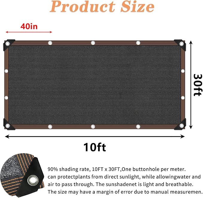 Shade Cloth 90% Sunblock Net for Garden Patio, Shade Sails -for Plants Greenhouse Outdoor Pergola Lawn Sun Protection Screen Cloths for Kennel Chicken Coop Easier to Hang Net Cover, 10x30 FT