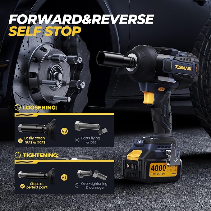 JESIMAIK Cordless Impact Wrench, 1475Ft-lbs (2000N.m) 1/2" Brushless High Torque Impact Wrench with 2×4.0Ah Batteries, Impact Gun with 4 Impact Modes & 5 Sockets for Truck RV Car Heavy Construction